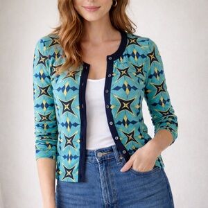 Anthropologie Tabitha Aquascope Cardigan Medium 100% Cotton Graphic Button Front